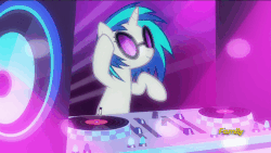 Size: 672x378 | Tagged: safe, screencap, dj pon-3, vinyl scratch, pony, unicorn, g4, the saddle row review, animated, discovery family logo, female, loop, mare, party hard, solo, sunglasses