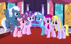 Size: 1024x645 | Tagged: safe, artist:3d4d, fuchsia blush, lavender lace, night glider, starlight glimmer, sugar belle, trixie, equestria girls, g4, alternate mane six, alternate universe, equestria girls ponified, female, ponified, trixie and the illusions