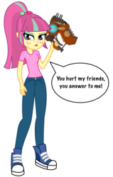 Size: 3500x5500 | Tagged: dead source, safe, artist:razethebeast, sour sweet, equestria girls, g4, absurd resolution, buzz blades, clothes, dialogue, flash puppet, freckles, new outfit, open mouth, pants, ratchet and clank, serious face, shoes, simple background, sneakers, speech bubble, transparent background, vector