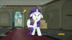 Size: 858x482 | Tagged: safe, screencap, rarity, smoky, smoky jr., softpad, raccoon, g4, the saddle row review, animated, discovery family logo, eye twitch, female, floppy ears, zoom in
