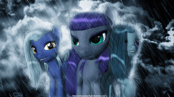 Size: 4096x2294 | Tagged: safe, artist:princeoracle, limestone pie, marble pie, maud pie, g4, 3d, cloud, dark, gmod, high res, looking at you, pie sisters, rain, smiling, wet, wet mane