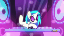 Size: 864x486 | Tagged: safe, screencap, dj pon-3, vinyl scratch, pony, unicorn, g4, the saddle row review, animated, discovery family logo, female, loop, mare, solo, sunglasses, turntable