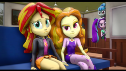 Size: 1920x1080 | Tagged: safe, artist:shadamyfan4evers, adagio dazzle, aria blaze, sonata dusk, sunset shimmer, equestria girls, g4, 3d, couch, female, holding hands, lesbian, ship:sunsagio, shipping, sitting, smirk, source filmmaker, the dazzlings, watching