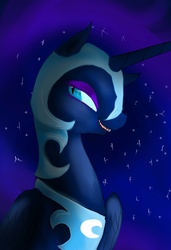 Size: 1042x1526 | Tagged: safe, artist:nuttypanutdy, nightmare moon, g4, female, grin, sharp teeth, solo