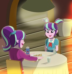 Size: 1024x1053 | Tagged: safe, artist:sumin6301, snowfall frost, starlight glimmer, a hearth's warming tail, equestria girls, g4, adopted offspring, chair, clothes, cute, double the glimmer, drink, duality, equestria girls-ified, food, glass, glimmerbetes, glimmerdoption, light, mama starlight, open mouth, parent:starlight glimmer, pizza, restaurant, schoolgirl, self adoption, self paradox, sitting, table, time paradox, whipped cream, younger