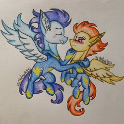 Size: 640x640 | Tagged: source needed, useless source url, safe, artist:raritylover152, soarin', spitfire, pegasus, pony, g4, blushing, clothes, duo, ear fluff, female, male, ship:soarinfire, shipping, sternocleidomastoid, straight, traditional art, tsundere, wonderbolts uniform