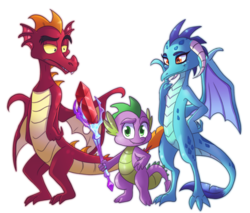 Size: 1607x1371 | Tagged: safe, artist:blazemizu, garble, princess ember, spike, dragon, g4, bloodstone scepter, dragon lord spike, simple background, smiling, transparent background