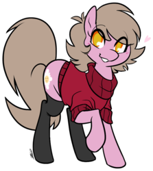Size: 693x777 | Tagged: safe, artist:egophiliac, oc, oc only, oc:reppy, earth pony, pony, clothes, colored pupils, cute, eye clipping through hair, female, grin, heart, looking at you, mare, raised hoof, signature, simple background, smiling, solo, stockings, sweater, transparent background, turtleneck