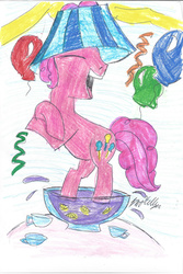 Size: 576x864 | Tagged: safe, artist:brookellyn, pinkie pie, g4, balloon, bubble berry, hat, lampshade hat, punch bowl, ribbon, rule 63, solo, teacup, traditional art