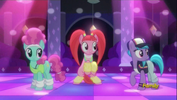 Size: 1920x1080 | Tagged: safe, screencap, azure velour, flashdancer, pacific glow, g4, the saddle row review, discovery family logo