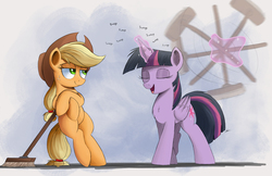 Size: 2000x1298 | Tagged: dead source, safe, artist:ncmares, applejack, twilight sparkle, alicorn, pony, g4, the saddle row review, bipedal, broom, eyes closed, female, fluffy, levitation, magic, mare, open mouth, smiling, sweeping, sweepsweepsweep, telekinesis, that was fast, twilight sparkle (alicorn), twilight sweeple, twirl