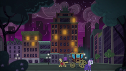 Size: 1920x1080 | Tagged: safe, screencap, viola (g4), earth pony, pony, g4, made in manehattan, architecture, background pony, bronclyn, building, carriage, clothes, coach, coco's apartment, coco's apartment building, dress, evening, female, lights, male, manehattan, mare, night, stallion, unnamed character, unnamed pony, unshorn fetlocks