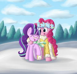 Size: 2200x2120 | Tagged: safe, artist:vanillaghosties, pinkie pie, snowfall frost, spirit of hearth's warming presents, starlight glimmer, pony, a hearth's warming tail, g4, duo, high res