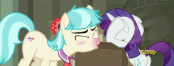 Size: 1056x406 | Tagged: safe, screencap, coco pommel, rarity, earth pony, pony, g4, the saddle row review, animated, blushing, butt, discovery family logo, female, floppy ears, loop, mare, plot, red nosed, sneezing