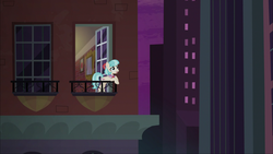 Size: 1920x1080 | Tagged: safe, screencap, coco pommel, earth pony, pony, g4, made in manehattan, balcony, bronclyn, coco's apartment, coco's apartment building, female, manehattan, mare, night, solo