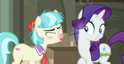 Size: 1056x545 | Tagged: safe, screencap, coco pommel, rarity, g4, the saddle row review, animated, blushing, discovery family logo, female, loop, red nosed, sick, sneezing