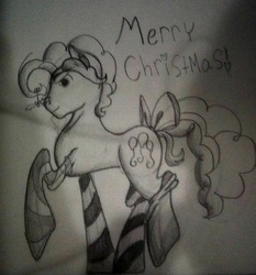 Size: 1065x1143 | Tagged: safe, artist:php37, pinkie pie, g4, bubble berry, christmas, clothes, holly, holly mistaken for mistletoe, merry christmas, rule 63, socks, solo, striped socks, tail bow, traditional art