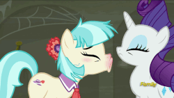 Size: 960x540 | Tagged: safe, screencap, coco pommel, rarity, earth pony, pony, g4, the saddle row review, animated, blushing, discovery family logo, female, loop, red nosed, sneezing