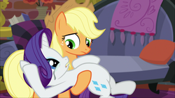 Size: 1920x1080 | Tagged: safe, screencap, applejack, rarity, g4, made in manehattan, applejack's damaged hat, coco's apartment, crying, marshmelodrama, running makeup