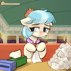 Size: 750x750 | Tagged: safe, artist:lumineko, coco pommel, earth pony, pony, the saddle row review, cocobetes, cute, female, floppy ears, frown, hoof hold, mare, messy mane, patreon, patreon logo, photoshop, sad, scene interpretation, sick, sniffing, sniffling, solo, tissue, tissue box