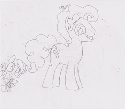 Size: 1024x899 | Tagged: safe, artist:trotsworth, artist:zeustheumbreon, pinkie pie, oc, oc:cupid, g4, bubble berry, monochrome, rule 63, trace, traditional art