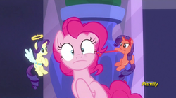 Size: 1279x717 | Tagged: safe, screencap, pinkie pie, rarity, g4, the saddle row review, angel rarity, annoyed, devil rarity, discovery family logo, frown, haylo, pitchfork, poking, shoulder angel, shoulder devil, shrunken pupils