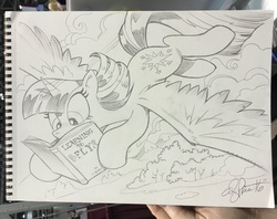 Size: 600x475 | Tagged: safe, artist:andy price, twilight sparkle, alicorn, pony, g4, book, commission, female, flying, learning to fly, mare, monochrome, reading, solo, song reference, this will end in pain, this will end in tears, tom petty & the heartbreakers, traditional art, twilight sparkle (alicorn)