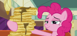 Size: 800x382 | Tagged: safe, screencap, pinkie pie, the clone that got away, g4, the saddle row review, animated, clone, female, food, hat, pancakes, pinkie clone, restaurant, syrup