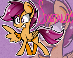 Size: 2000x1600 | Tagged: dead source, safe, artist:artypaints, scootaloo, pegasus, pony, g4, eye clipping through hair, female, folded wings, grin, smiling, solo, spread wings, wings, zoom layer