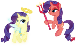Size: 4000x2400 | Tagged: safe, artist:cheezedoodle96, rarity, pony, unicorn, the saddle row review, .svg available, absurd resolution, angel, angel rarity, bedroom eyes, conscience, devil, devil rarity, duo, female, haylo, horns, internal monologue, mare, pitchfork, shoulder angel, shoulder devil, simple background, svg, transparent background, trident, vector