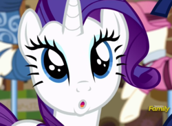 Size: 961x709 | Tagged: safe, screencap, rarity, pony, unicorn, g4, the saddle row review, :o, cute, discovery family logo, female, mare, open mouth, raribetes