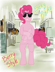 Size: 1024x1340 | Tagged: safe, artist:reina-del-caos, pinkie pie, horse, g4, bubble berry, gangnam style, rule 63, stable, watermark