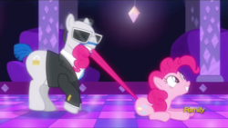 Size: 1600x900 | Tagged: safe, screencap, lockdown, pinkie pie, g4, the saddle row review, discovery family logo, tail pull