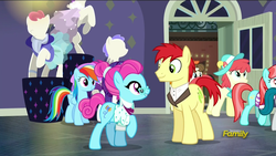 Size: 1360x768 | Tagged: safe, screencap, blue bobbin, crimson cream, don neigh, fashion statement, mare e. belle, pegasus olsen, peggy holstein, rainbow dash, rarity, strawberry ice, upper east side, earth pony, pegasus, pony, g4, the saddle row review, background pony, discovery family logo, female, male, mannequin, mare, stallion