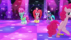 Size: 500x281 | Tagged: safe, screencap, azure velour, flashdancer, pacific glow, pinkie pie, earth pony, pony, g4, season 6, the saddle row review, animated, bipedal, club pony party palace, dancing, discovery family logo, female, mare, moonwalk, not pinkie pie, sheepish grin, smiling, walking backwards