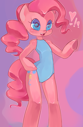 Size: 600x907 | Tagged: dead source, safe, artist:misukitty, pinkie pie, earth pony, semi-anthro, g4, adorasexy, blue swimsuit, clothes, cute, exclamation point, female, one-piece swimsuit, sexy, solo, swimsuit