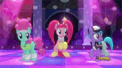 Size: 500x281 | Tagged: safe, screencap, azure velour, flashdancer, pacific glow, pinkie pie, earth pony, pony, g4, the saddle row review, animated, awkward, bipedal, clothes, club pony party palace, dancing, discovery family logo, female, mare, moonwalk, not pinkie pie, sheepish grin, smiling, walking backwards