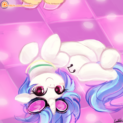 Size: 750x750 | Tagged: safe, artist:lumineko, dj pon-3, pacific glow, vinyl scratch, pony, unicorn, g4, the saddle row review, behaving like a cat, behaving like a dog, belly, cute, daaaaaaaaaaaw, female, flexible, floppy ears, glasses, jewelry, leg warmers, looking at you, mare, necklace, on back, patreon, patreon logo, ponified animal photo, smiling, solo focus, starry eyes, vinylbetes, wingding eyes, wub me