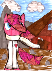 Size: 1024x1401 | Tagged: safe, artist:colouredteapot, pinkie pie, g4, bubble berry, bubblini davinci berry, pinkamena diane pie, rock, rule 63, solo, traditional art