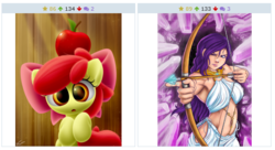 Size: 518x282 | Tagged: safe, artist:alcor, artist:symbianl, apple bloom, rarity, human, derpibooru, g4, apple, armpits, arrow, bow (weapon), bow and arrow, exploitable meme, food, forced juxtaposition, humanized, juxtaposition, juxtaposition win, meme, meta, weapon, william tell