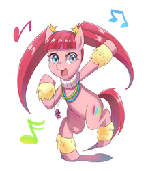 Size: 800x921 | Tagged: safe, artist:tzc, pacific glow, earth pony, pony, the saddle row review, background pony, bipedal, dancing, female, leg warmers, looking at you, mare, music notes, necklace, open mouth, pigtails, raised leg, simple background, smiling, solo, white background