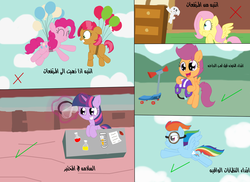 Size: 1024x745 | Tagged: safe, artist:yasmeen-444, angel bunny, babs seed, fluttershy, pinkie pie, rainbow dash, scootaloo, twilight sparkle, g4, arabic, balloon, cartoon network, helmet, lab, safety, safety goggles, scooter, translated in the description