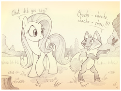 Size: 1306x982 | Tagged: safe, artist:sherwoodwhisper, fluttershy, fox, g4, dialogue, monochrome, sepia, the fox, what does the fox say?, ylvis