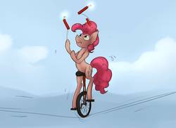 Size: 1280x933 | Tagged: safe, artist:marsminer, pinkie pie, g4, dynamite, explosives, juggling, this will end in tears and/or death, unicycle