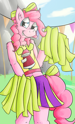 Size: 725x1184 | Tagged: safe, artist:darkyosh, pinkie pie, earth pony, anthro, g4, belly button, bow, bubble berry, cheerleader, cheerleader pinkie, clothes, hair bow, male, megaphone, midriff, pleated skirt, pom pom, rule 63, skirt, solo, tail bow