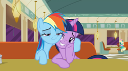 Size: 1901x1063 | Tagged: safe, edit, edited screencap, screencap, honey curls, mare e. lynn, rainbow dash, twilight sparkle, alicorn, pony, g4, the saddle row review, female, lesbian, mare, ship:twidash, shipping, twilight sparkle (alicorn)