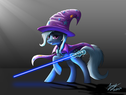 Size: 6000x4500 | Tagged: safe, artist:duskie-06, trixie, pony, unicorn, g4, absurd resolution, female, jedi, lightsaber, mare, signature, solo, star wars, weapon