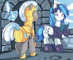 Size: 2844x2345 | Tagged: safe, artist:ende26, oc, oc only, oc:valiance, pegasus, pony, unicorn, armor, boots, duo, high res, hoof boots, hoof shoes, male, mistaken identity, not shining armor, royal guard, shoes, stallion, unicorn royal guard