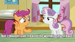 Size: 960x539 | Tagged: safe, screencap, scootaloo, sweetie belle, g4, creationism, impact font, religion, scootaloo is wrong about everything