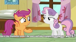 Size: 960x539 | Tagged: safe, edit, edited screencap, screencap, scootaloo, sweetie belle, bloom & gloom, g4, caption, conspiracy, illuminati, image macro, impact font, meme, scootaloo is wrong about everything